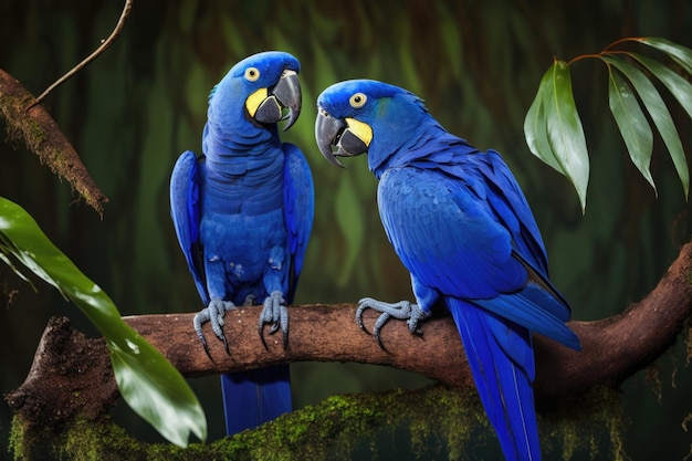 Anodorhynchus hyacinthinus par de guacamayos jacinto azul con picos en contacto mientras se posan en una rama la mayor variedad de loros voladores y guacamayos escena de vida silvestre en su entorno natural Amazo