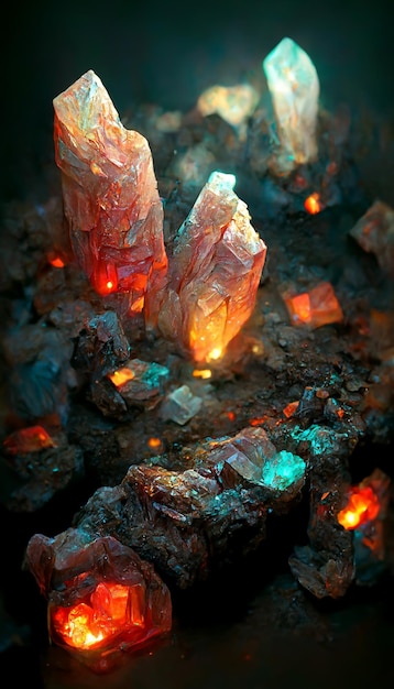 Anões da caverna de cristal minerando veias de pedras preciosas brilhantes com renderização em 3D a laser