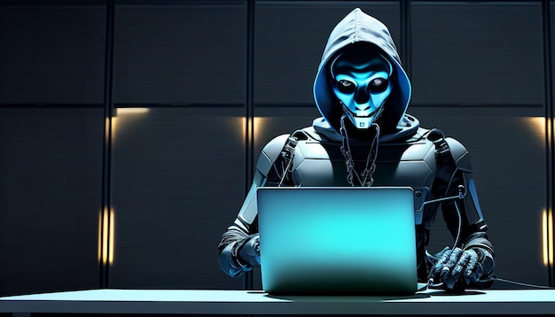 Anónimo robot hacker escribiendo computadora portátil Concepto de piratería ciberseguridad cibercrimen ciberataque, etc.