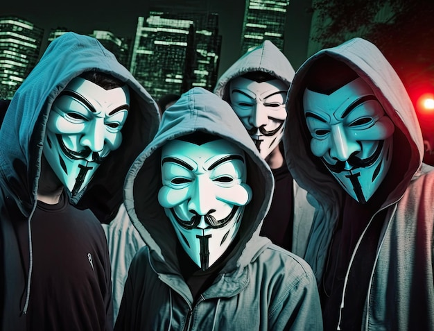 Foto anonyme hackergruppe, unbekannte männer in schwarzem kapuzenpullover mit kapuze und weißen masken