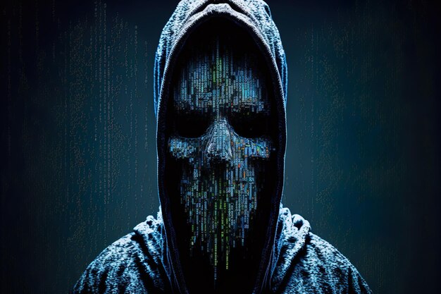 Foto anonymer hacker, der eine binäre computerschnittstelle verwendet