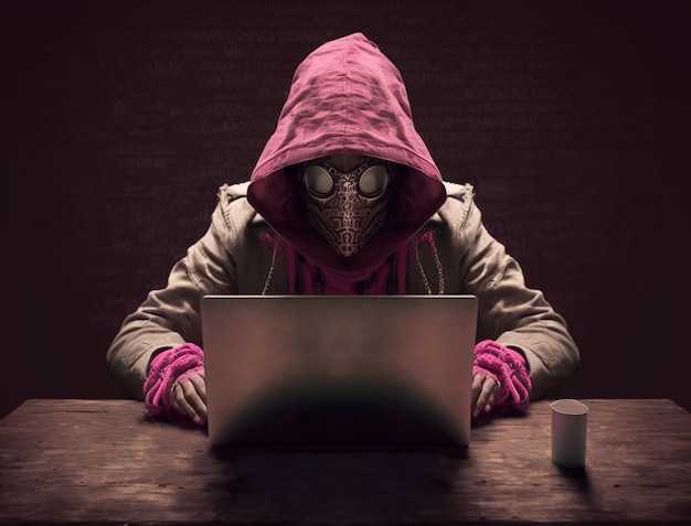 Anonymer Hacker mit verrückter und seltsamer Mode und Steampunk-Stil Konzept des Hackens von Cybersicherheit, Cyberkriminalität, Cyberangriff usw