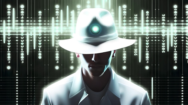 Anonymer Hacker mit weißem Hut Konzept des ethischen Hackings, Dark-Web-Hacking, Cybersicherheit, Cyberkriminalität, Cyberangriff usw