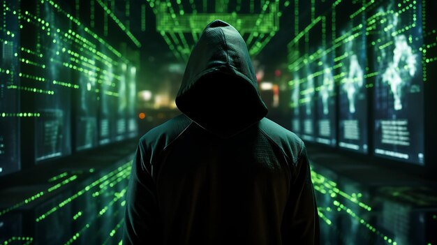 Anonymer Hacker, umgeben von einem Netzwerk von leuchtenden Daten