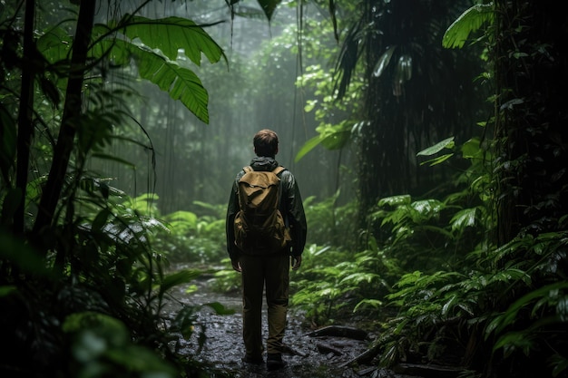 Anonymer Reisender, Erforscher des Waldes mit Rucksack, der an einem regnerischen Tag in der Nähe grüner Bäume und Büsche steht