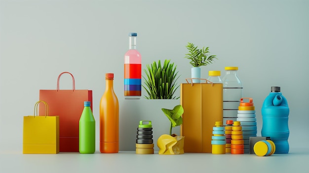 Anordnung farbenfroher Behälter, Flaschen und Einkaufstaschen mit Pflanzen, die wiederverwendbare und nachhaltige Pflanzen darstellen