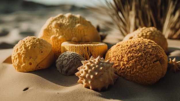 Anordnung natürlicher Meeresschwämme am Sandstrand