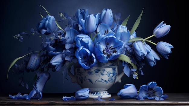 Anordnung von blauen Tulpen auf schwarzem Hintergrund