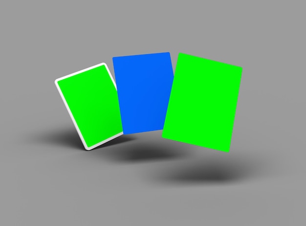 Anpassbares Mockup eines weißen, unmarkierten Tablets mit poppigen, veränderbaren Bildschirmen 3D-Render