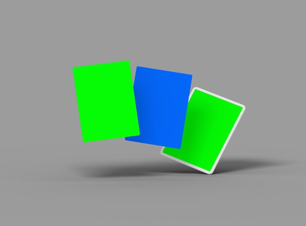 Anpassbares Mockup eines weißen, unmarkierten Tablets mit poppigen, veränderbaren Bildschirmen 3D-Render