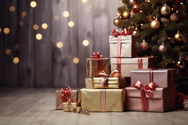 Ansammlung von Geschenken am Weihnachtsbaum auf dem Boden