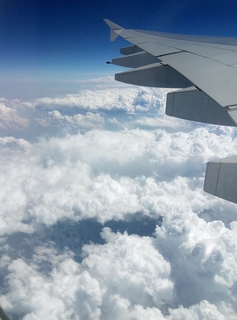 Ansicht des Flügels eines Passagierflugzeugs von der Öffnung im Himmel