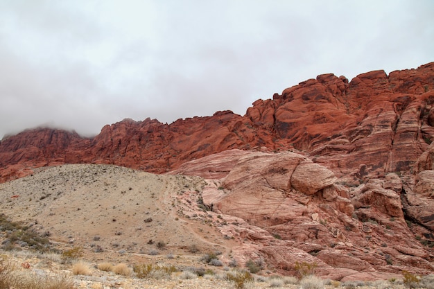 Ansicht des Nationalparks der roten Felsenschlucht am nebeligen Tag in Nevada, USA.