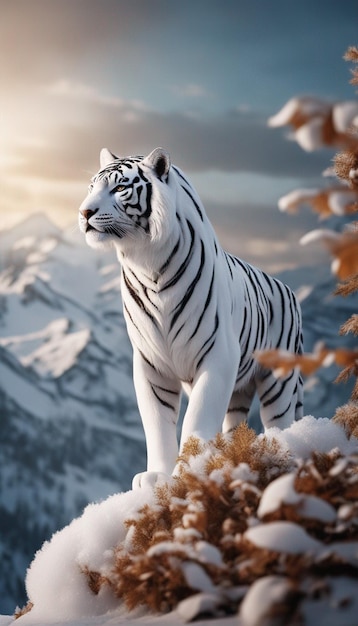 Ansicht des weißen schneeserbischen Tigers in der Natur, Fantasiebild, ai-generierte Kunst