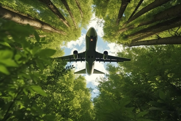 Ansicht eines Flugzeugs in der Mitte eines Baumes von unten gesehen generative KI