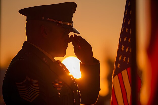 Ansicht eines Veteranen, der die Flagge der Vereinigten Staaten salutiert. Von der künstlichen Intelligenz eines neuronalen Netzwerks erzeugt