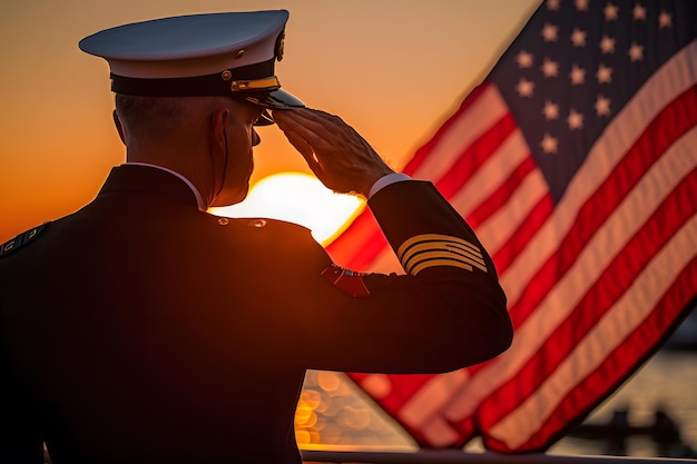 Ansicht eines Veteranen, der die Flagge der Vereinigten Staaten salutiert. Von der künstlichen Intelligenz eines neuronalen Netzwerks erzeugt