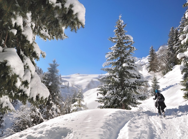 Ansicht über den hinteren Wanderer allein, der schneebedeckten Berg mit Schneeschuhen klettert