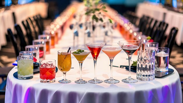 Ansicht über die Alkoholbereinigung auf einer Gastronomie-Tischrei, eine Reihe verschiedener farbiger Alkohol-Cocktails auf einer Party, einen Martini, einen Wodka-Spritz und andere auf einem geschmückten Gastronomietisch.