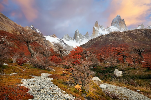 Ansicht über Fußweg und Herbst malte Hügel in der roten Farbe im Patagonia, Fitzroy-Berg bei Sonnenuntergang