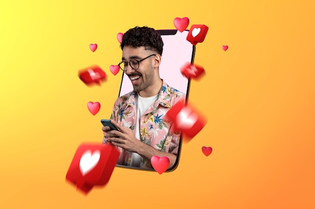 Ansicht von 3D-Emoticons, die vom Bildschirm eines elektronischen Geräts herauskommen