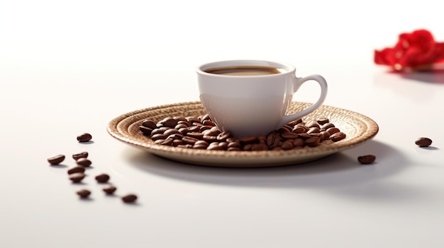 Ansicht von Kaffee in weißer Tasse mit Kaffeebohnen generieren ai