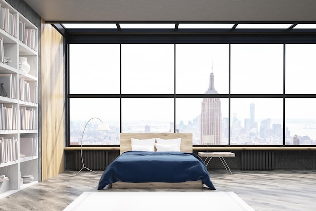 Ansicht von New York Schlafzimmer mit Poster und Bücherregal
