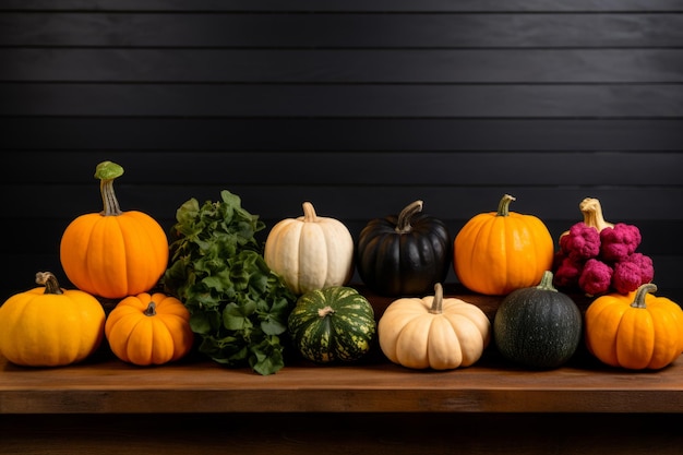 Ansicht von oben viele Vielfalt Gemüse ganz orange grün verschiedene Kürbisformen Halloween-Hintergrund