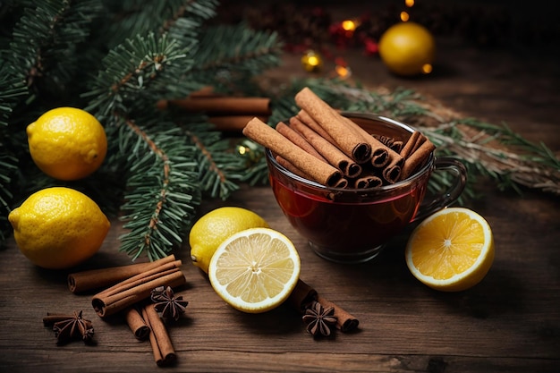 Ansicht von oben Zimtstangen Zimtstangen Zitrone und Zapfen neben der Tasse Tee und Weihnachtsbaumzweigen
