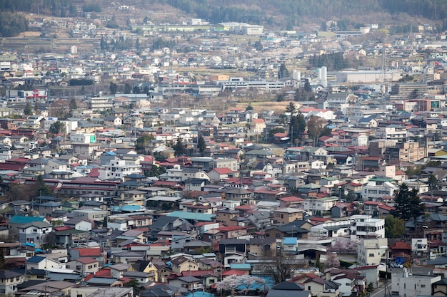 Ansicht von Shimoyoshida-Stadt von Kachi Kachi-Drahtseilbahn,