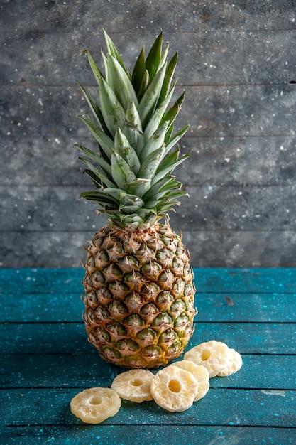 Ansicht von unten frische Ananas getrocknete Ananasringe auf dem Tisch