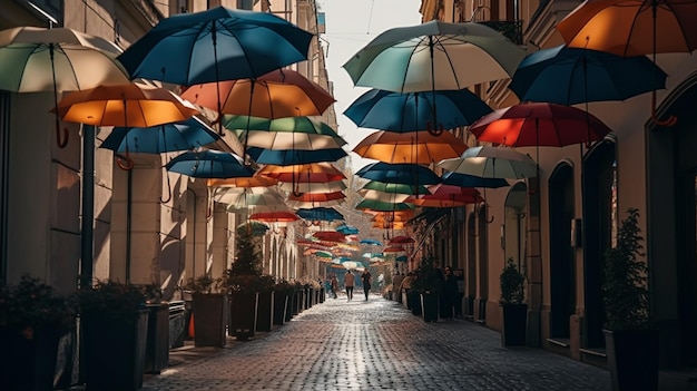 Ansicht von unten von Regenschirmen auf der Straße