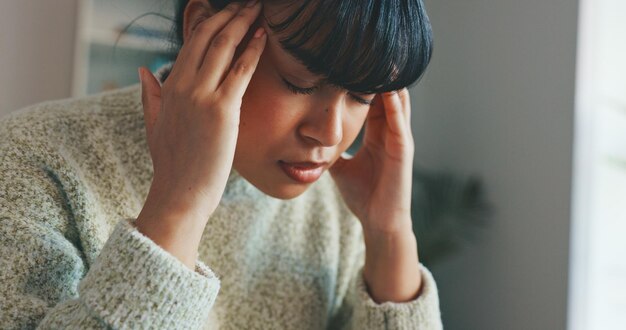 Ansiedad, dolor de cabeza y estrés por parte de una mujer de negocios que trabaja en una computadora portátil en una oficina corporativa Agotamiento de la salud mental y migraña por parte de una mujer que parece agotada, abrumada por la carga de trabajo y la fecha límite