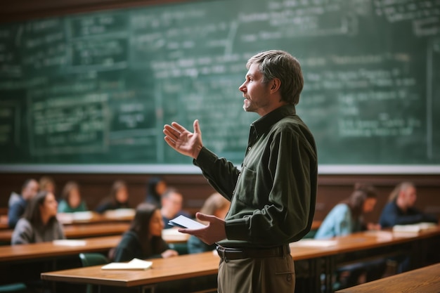 Foto ansprechende klassenzimmer-sitzung mit einem engagierten professor