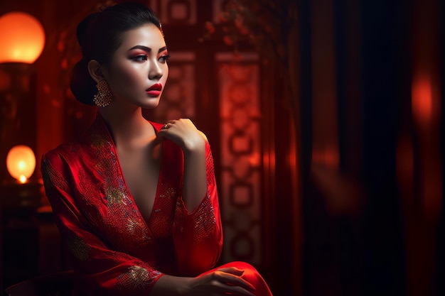 Anspruchsvolle Frau im roten Gewand Glamouröse Frau im sexy roten Kimono Generieren Sie KI