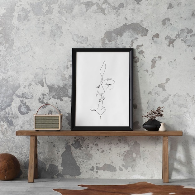 Anspruchsvolle Komposition aus modernem Wohnzimmer mit Design-Banklampe Teppich Kleiderständer Dekoration und persönlichen Accessoires Wabi Sabi Betonwand Minimalistische Wohnkultur Vorlage