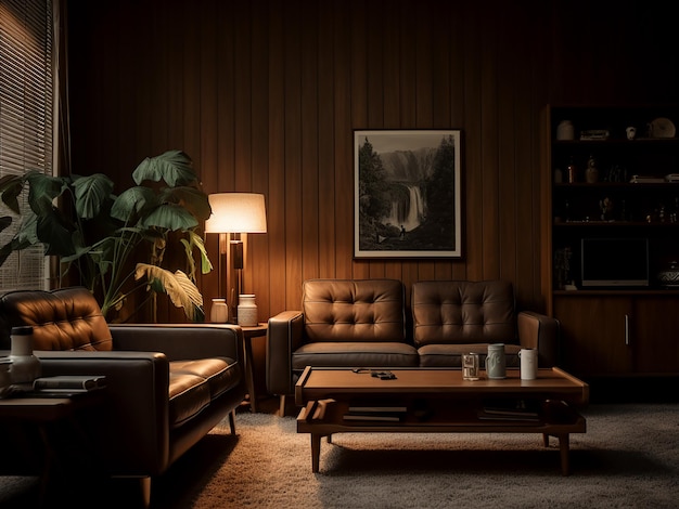 Anspruchsvolles Wohnzimmer aus dunklem Holz mit zeitlosem Charme AI Generative