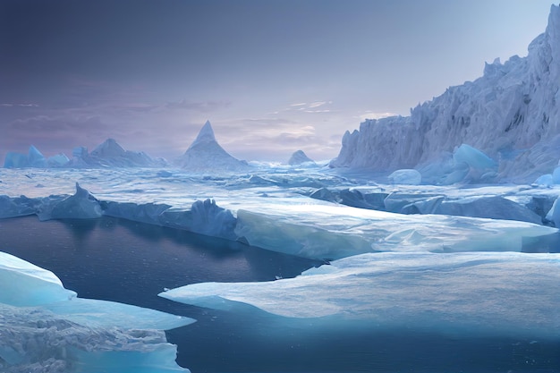 Antártica Harsh, mas lindo mar de gelo arte digital pintura horizontal vista lateral horizonte