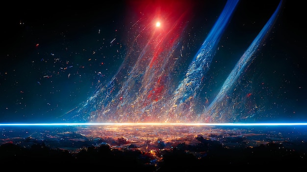 Foto antecedentes abstractos del espacio ultraterrestre con estrellas ultrabrillantes y cometas sobre el tema de explosiones y