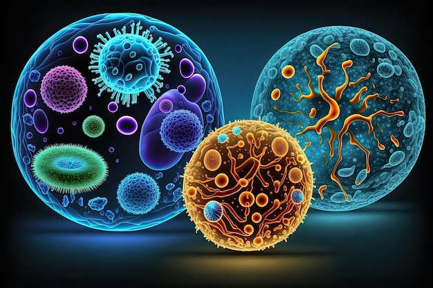 Antecedentes científicos conceptuales con virus microscópicos coloridos IA generativa