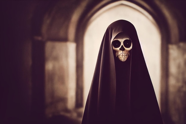 Antecedentes del concepto de Halloween del fantasma del esqueleto en la antigua casa de Horror