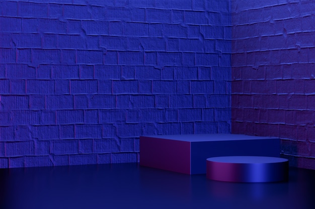 Antecedentes de produtos digitais. Pódio de dois cilindros redondos pretos sobre fundo de tijolos rosa azul escuro. Renderização de ilustração 3D.