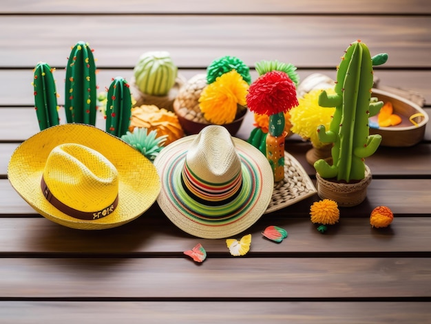 Antecedentes festivos del Cinco de Mayo con un cactus mexicano y un sombrero de fiesta en una mesa de madera