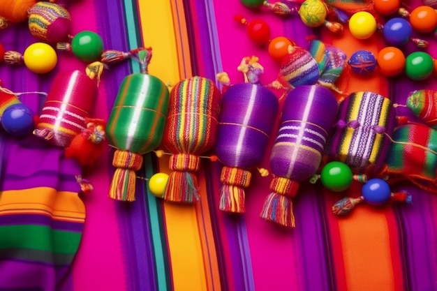 Antecedentes festivos del Cinco de Mayo con rayas de sarape de maracas y texto en IA generativa púrpura