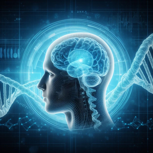 antecedentes médicos en 3D con cabeza y cerebro masculino luminosos en cadenas de ADN