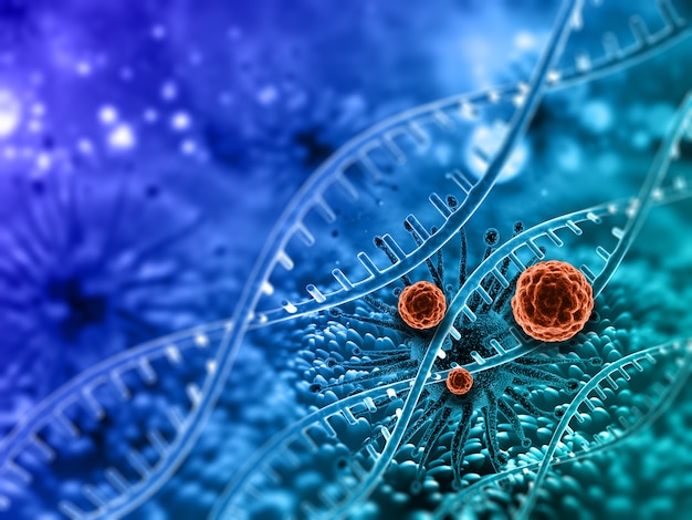 Antecedentes médicos 3D con células de virus y hebras de ADN