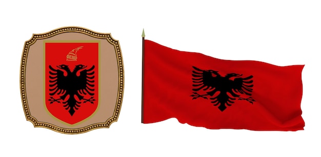 Antecedentes para editores e designers Ilustração 3D de feriado nacional Bandeira e o brasão de armas da Albânia