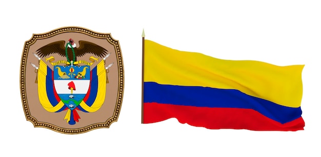 Antecedentes para editores e designers Ilustração 3D de feriado nacional Bandeira e o brasão de armas da Colômbia