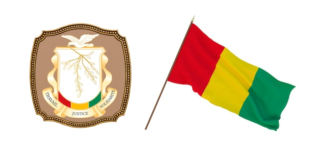 Antecedentes para editores e designers Ilustração 3D de feriado nacional Bandeira e o brasão de armas da Guiné