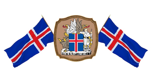Antecedentes para editores e designers Ilustração 3D de feriado nacional Bandeira e o brasão de armas da Islândia